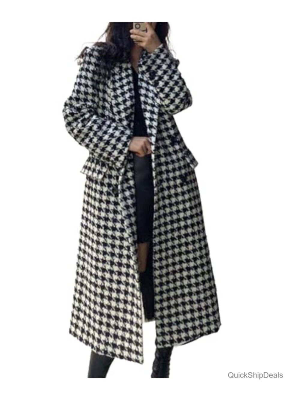 Womens Houndstooth Trench Coat Winter Long Overcoat Pea Coat